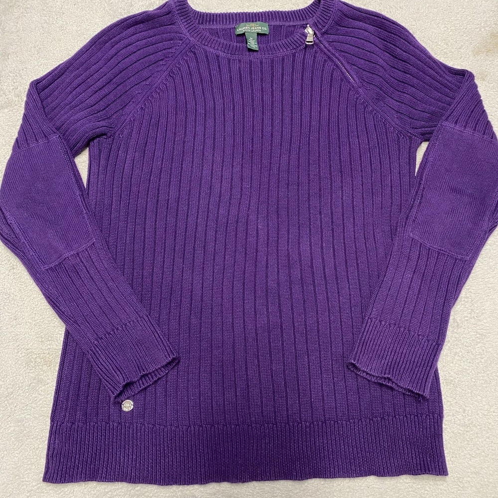 Lauren Ralph Lauren Sweater Womens Medium Purple Knit Shoulder Zip Ribbed Preppy